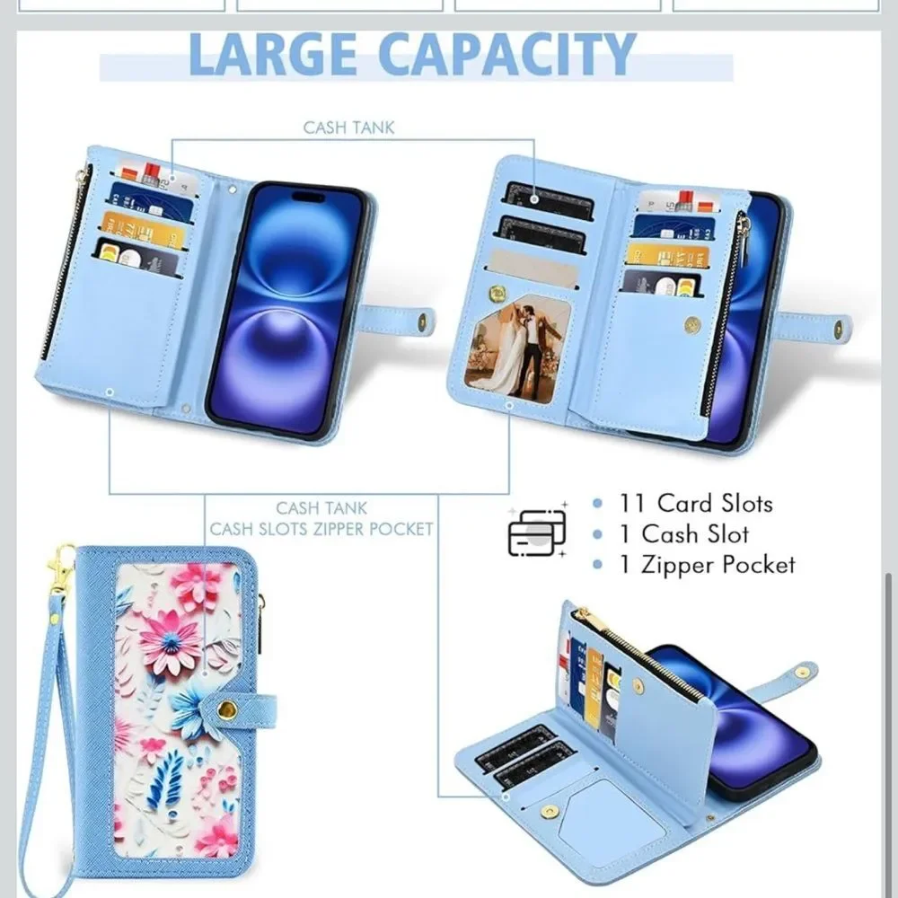 iPhone 16 6.1” Case Wallet Case Floral Wristlet Blue Card Holder Phone FC7